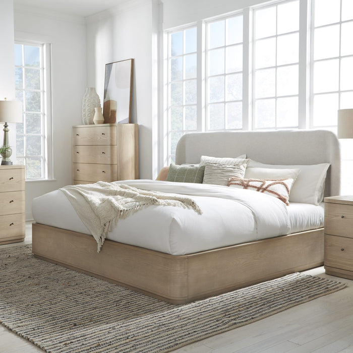 Penny Upholstered Platform Bed in Buff Cream Ash and Oatmeal Linen