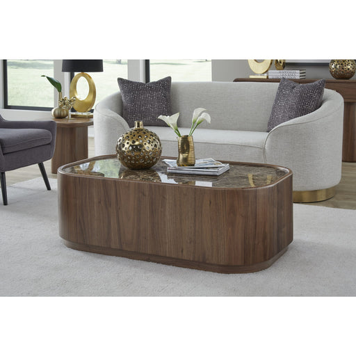 Modus Furniture Juba Natural Marble and Walnut Coffee Table with Casters in Mongoose 655450482977 UWYT21 Main Image