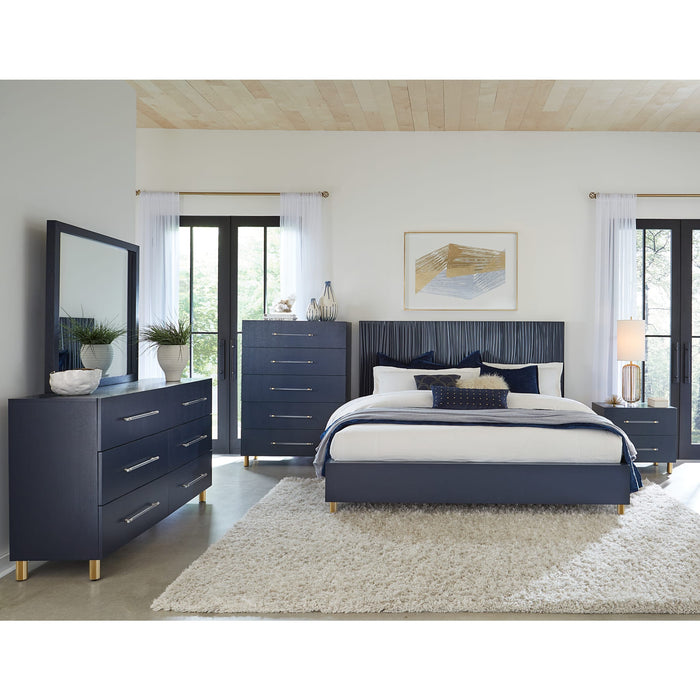 Modus Furniture Argento Wave-Patterned Bed in Navy Blue and Burnished Brass  9DKBH  Image 2