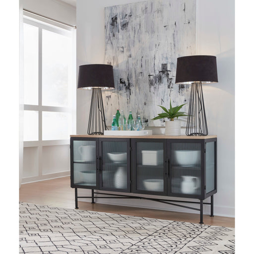 Modus Furniture Aere Four Door Ribbed Glass, Metal and Wood Sideboard in Natural Ash and Black 655450393341 MZEZ78 Main Image